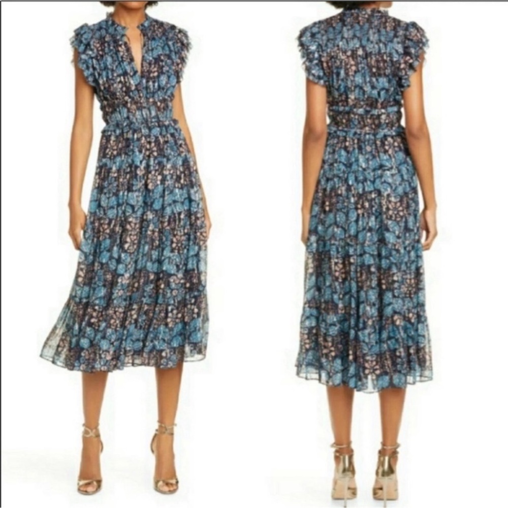 Ulla Johnson Blue and Black Floral Midi Dress